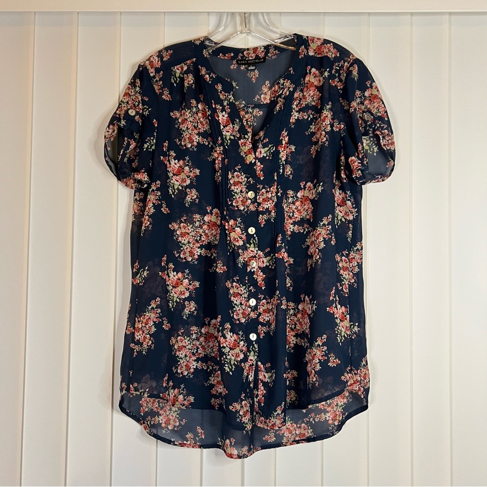 Sara Michelle Floral Button-Up Blouse - Navy and Pink